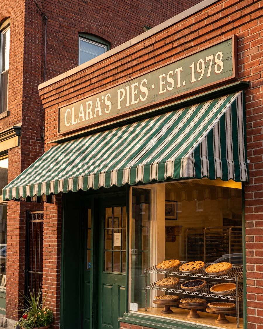 Clara's Pies, her first shop on Main Street, established 1978